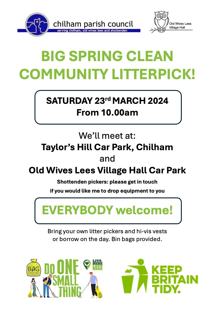 Poster for Big Community Litter Pick in Chilham and Old Wives Lees 23rd March 2024